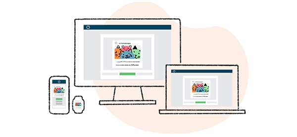 Loomly content management features content preview orange cross-devices illustration