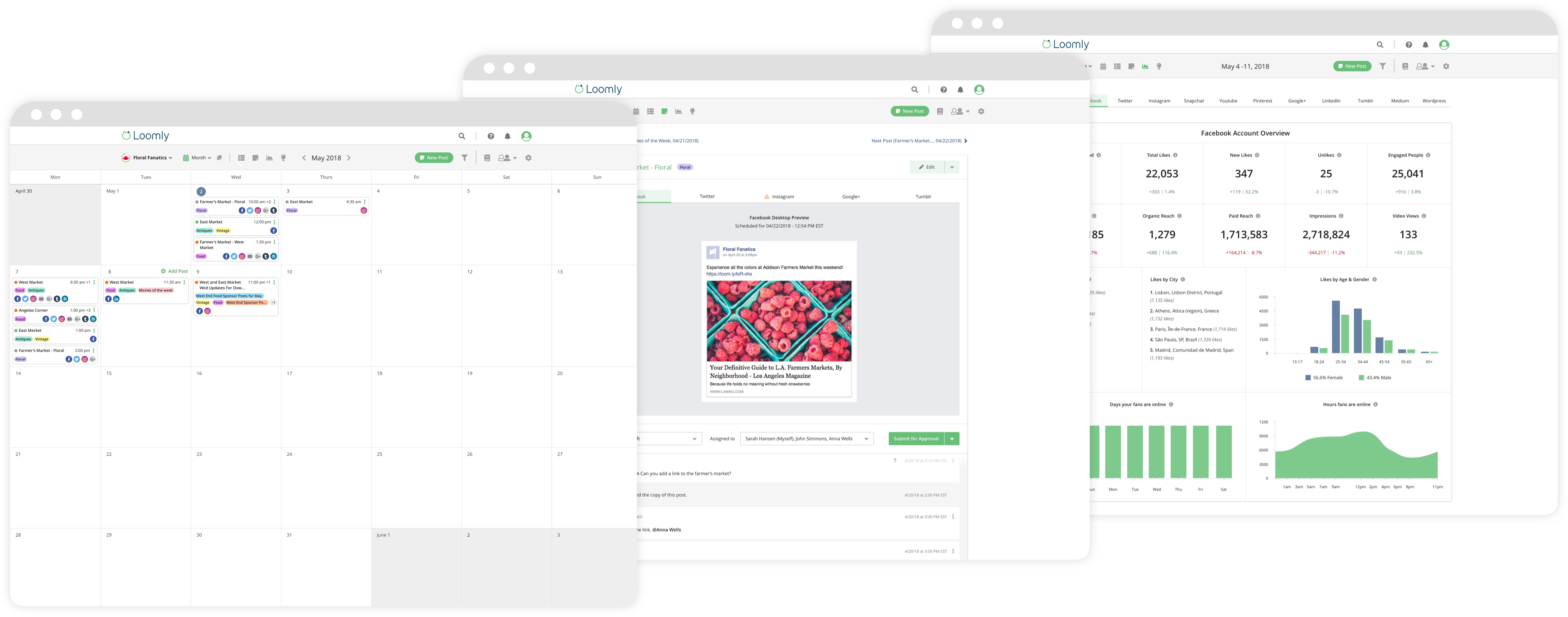 Loomly features at a glance Loomly calendar view post view advanced analytics view screenshots